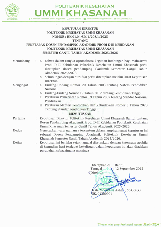 Surat Keputusan dan Bukti Bimbingan Dosen Pendamping Akademik Prodi D-III Kebidanan 2025/2026 - Isne Susanti