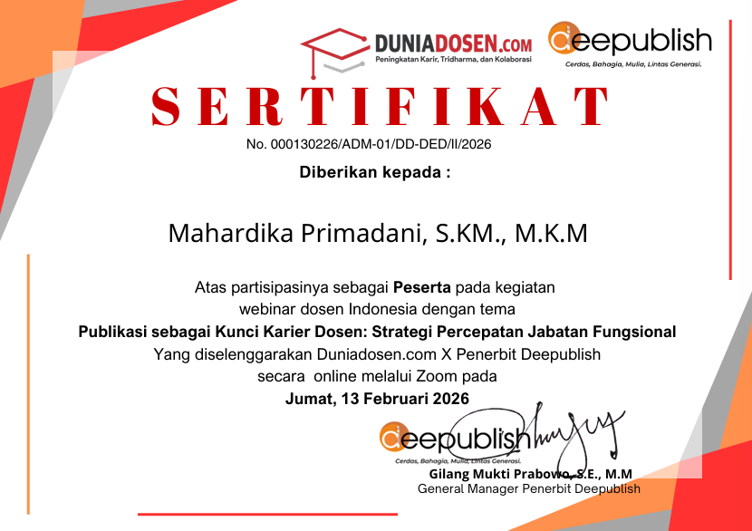 Sertifikat Webinar Dosen Indonesia Tema Publikasi Sebagai Kunci Karier Dosen: Strategi Percepatan Jabatan Fungsional 2026 - Mahardika Primadani