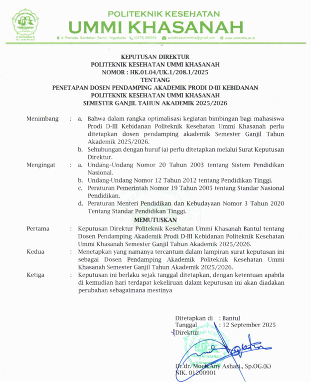 Surat Keputusan dan Bukti Bimbingan Dosen Pendamping Akademik Prodi D-III Kebidanan 2025/2026 - Nuryuliana