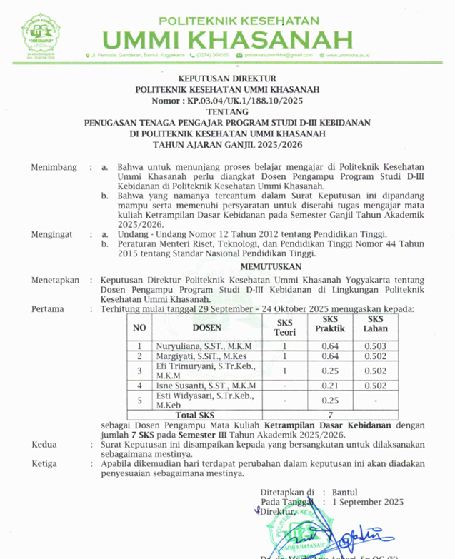 Surat Keputusan Tenaga Pengajar Program Studi D-III Kebidanan 2025/2026 Mata Kuliah Keterampilan Dasar Kebidanan