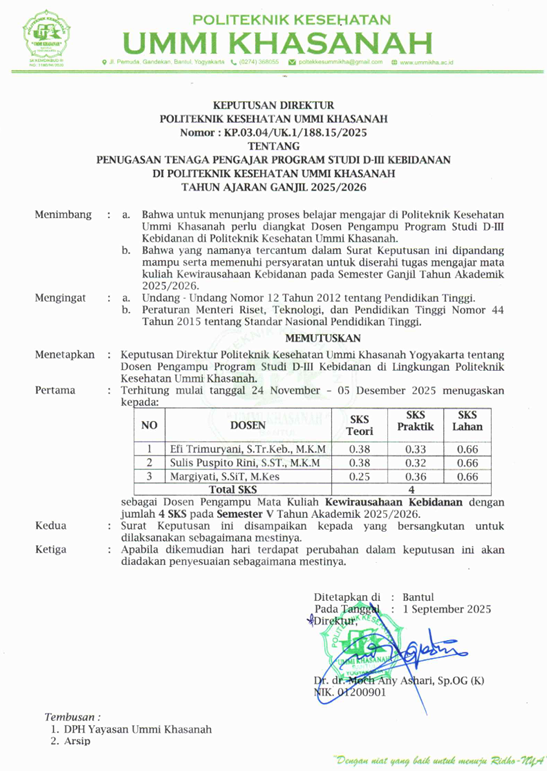 Surat Keputusan Tenaga Pengajar Program Studi D-III Kebidanan 2025/2026 Mata Kuliah Kewirausahaan Kebidanan