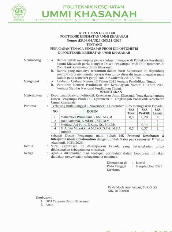 Surat Keputusan Tenaga Pengajar Prodi D-III Optometri 2025/2026 MK Promosi Kesehatan & Interprofesional Colaboration Sem 5
