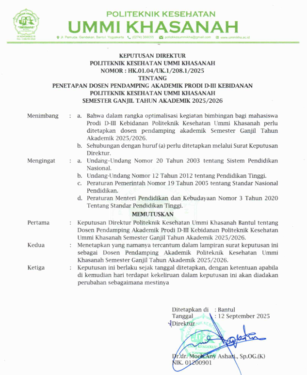 Surat Keputusan dan Bukti Bimbingan Dosen Pendamping Akademik Prodi D-III Kebidanan Sem Ganjil 2025/2026 - Margiyati