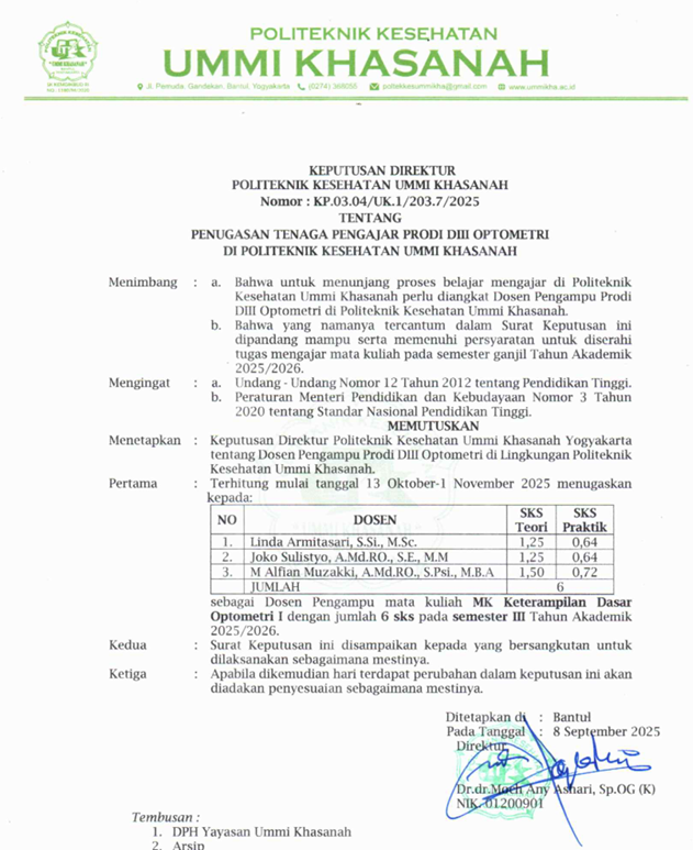 Surat Keputusan Tenaga Pengajar Prodi D-III Optometri MK Keterampilan Dasar Optometri I - Joko Sulistyo