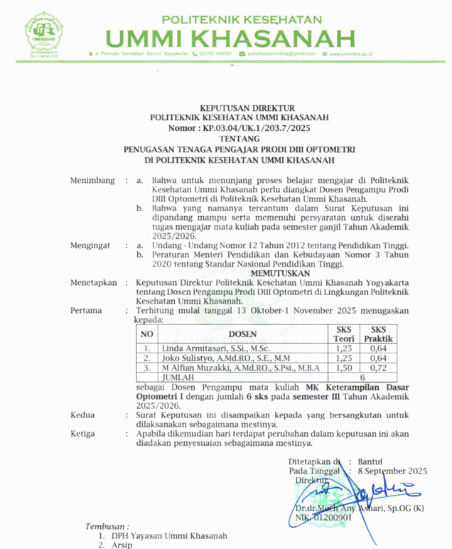 Surat Keputusan Tenaga Pengajar Prodi D-III Optometri MK Keterampilan Dasar Optometri I - Alfian Muzakki
