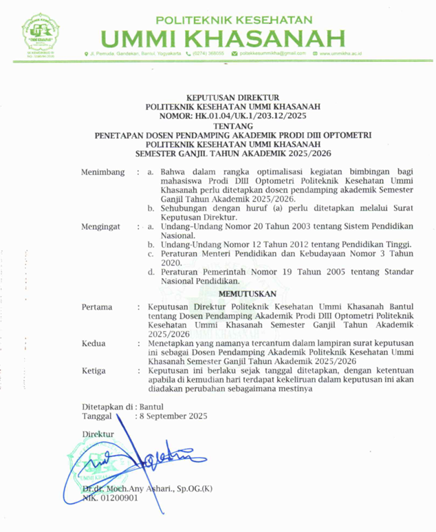 Surat Keputusan Penetapan Dosen Pendamping Akademik Prodi D-III Optometri 2025/2026