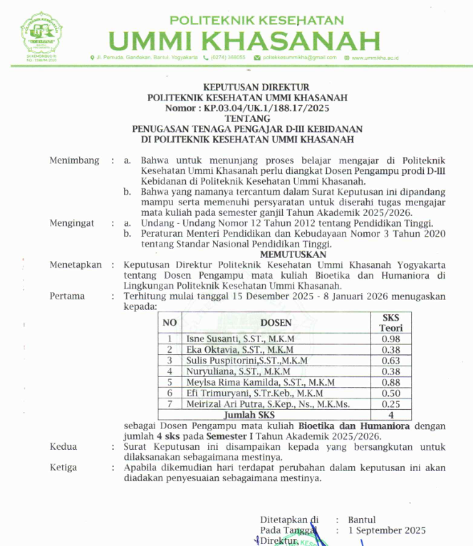 SK dan Laporan Tenaga Pengajar D-III Kebidanan 2025/2026 Mata Kuliah Bioetika dan Humaniora