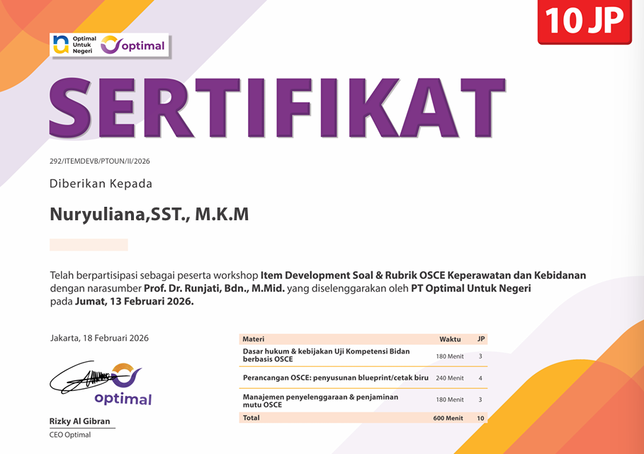 Surat Tugas dan Sertifikat Workshop Item Development Soal & Rubrik OSCE Keperawatan dan Kebidanan 2026 - Nuryuliana