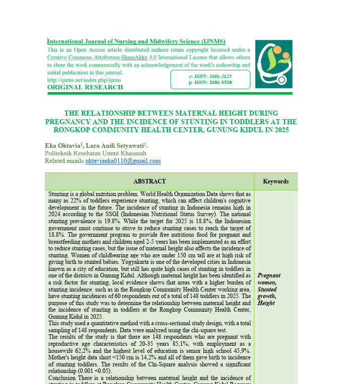 The Relationship Between Maternal Height During Pregnancy and the Incidence of Stunting in Toddlers the Rongkop Community Healthy Center, Gunung Kidul in 2025- Eka Oktavia