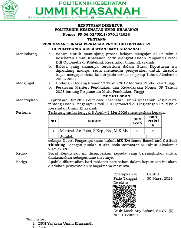 SK Penugasan Tenaga Pengajar Prodi D-III Optometri di Politeknik Kesehatan Ummi Khasanah dan Bukti Pengajaran MK Evidence Based and Critical Thinking- Meirizal