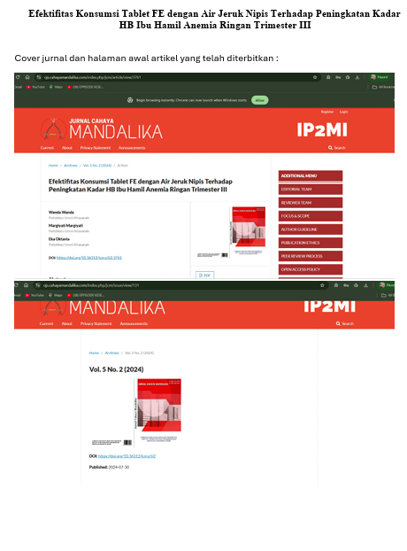 Jurnal Efektifitas Konsumsi Tablet FE dengan Air Jeruk Nipis Terhadap Peningkatan Kadar HB Ibu Hamil Anemia Ringan Trimester III + Cover