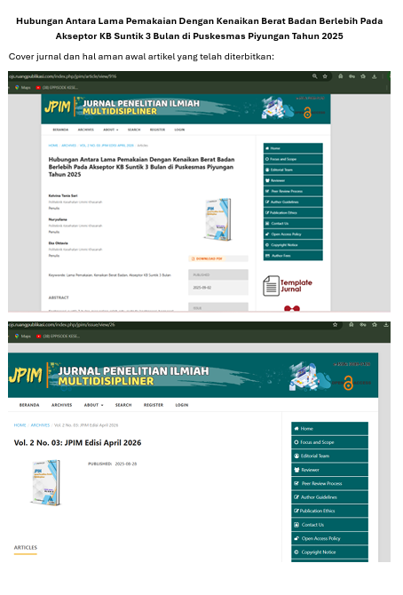 Jurnal Hubungan Antara Lama Pemakaian Dengan Kenaikan Berat Badan Berlebih Pada Akseptor KB Suntik 3 Bulan di Puskesmas Piyungan Tahun 2025 + Cover