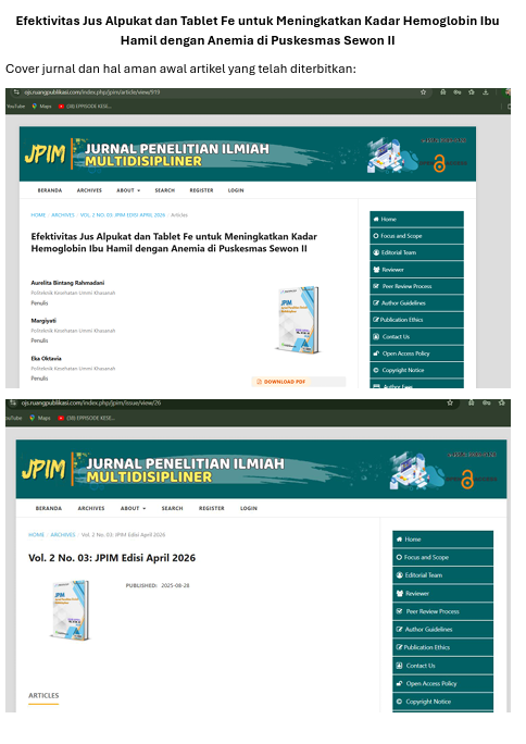 Jurnal Efektivitas Jus Alpukat dan Tablet Fe untuk Meningkatkan Kadar Hemoglobin Ibu Hamil dengan Anemia di Puskesmas Sewon II + Cover