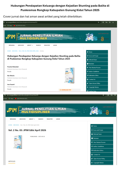Jurnal Hubungan Pendapatan Keluarga dengan Kejadian Stunting pada Balita di Puskesmas Rongkop Kabupaten Gunung Kidul Tahun 2025 + Cover