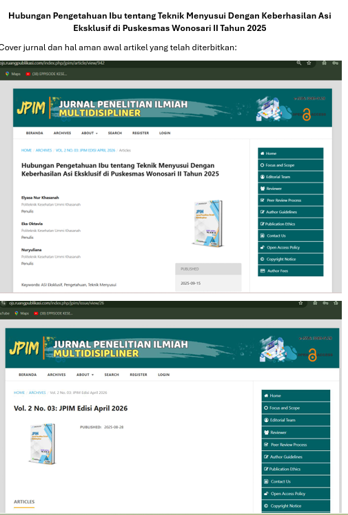 Jurnal Hubungan Pengetahuan Ibu tentang Teknik Menyusui Dengan Keberhasilan Asi Eksklusif di Puskesmas Wonosari II Tahun 2025 + Cover