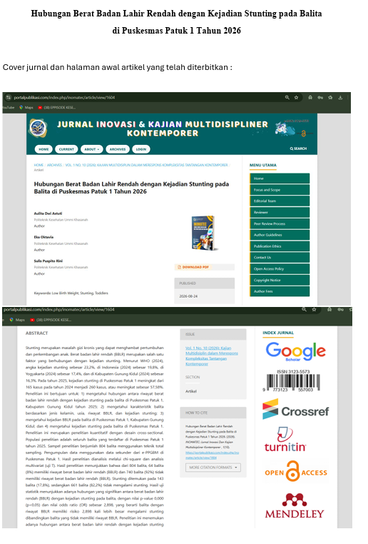 Jurnal Hubungan Berat Badan Lahir Rendah dengan Kejadian Stunting pada Balita  di Puskesmas Patuk 1 Tahun 2026 + Cover