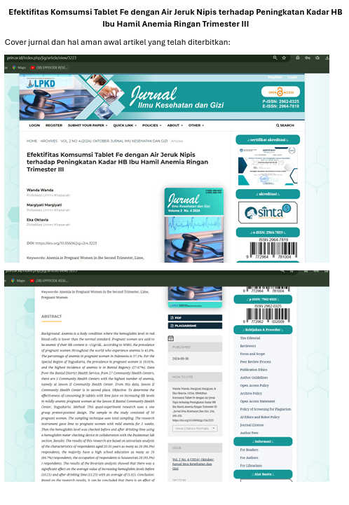 Jurnal Efektifitas Komsumsi Tablet Fe dengan Air Jeruk Nipis terhadap Peningkatan Kadar HB Ibu Hamil Anemia Ringan Trimester III + Cover