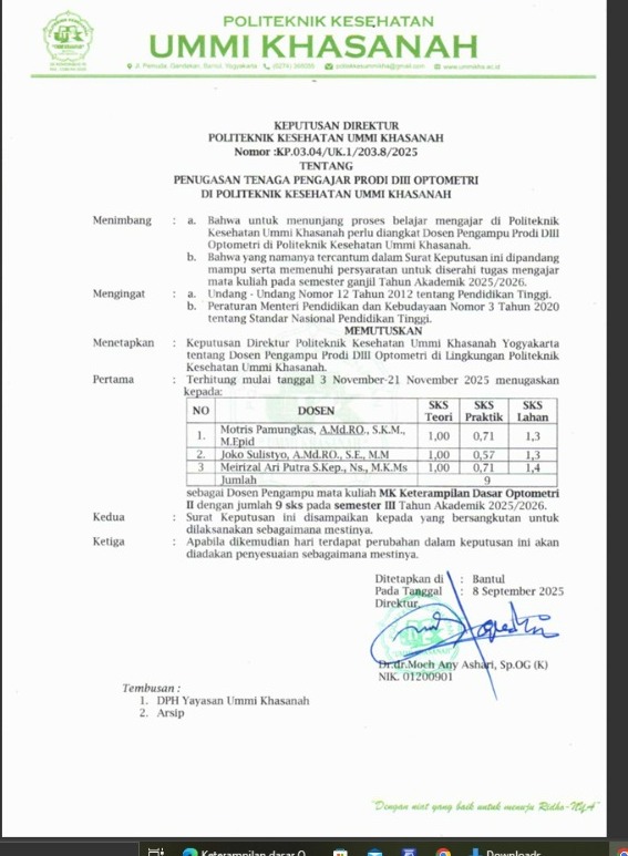 Bukti Pengajaran MK Keterampilan Dasar Optometri III Semester III TA 2025/2026